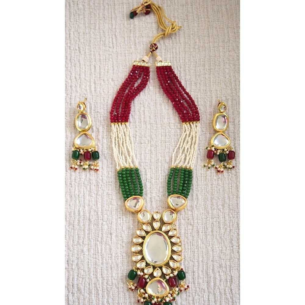 Kundan Necklace Set Red‎ Green Gold Beaded Adjustable Bridal Earrings Bold Drama